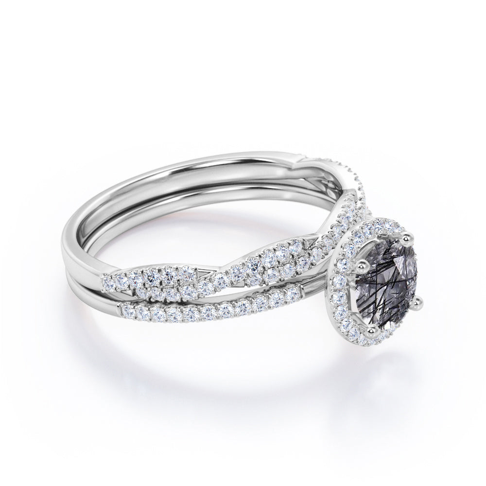 Halo Pave 1.75 carat Round cut Genuine Black Rutilated quartz and diamond engagement ring with half-infinity wedding band in White gold-Bridal set