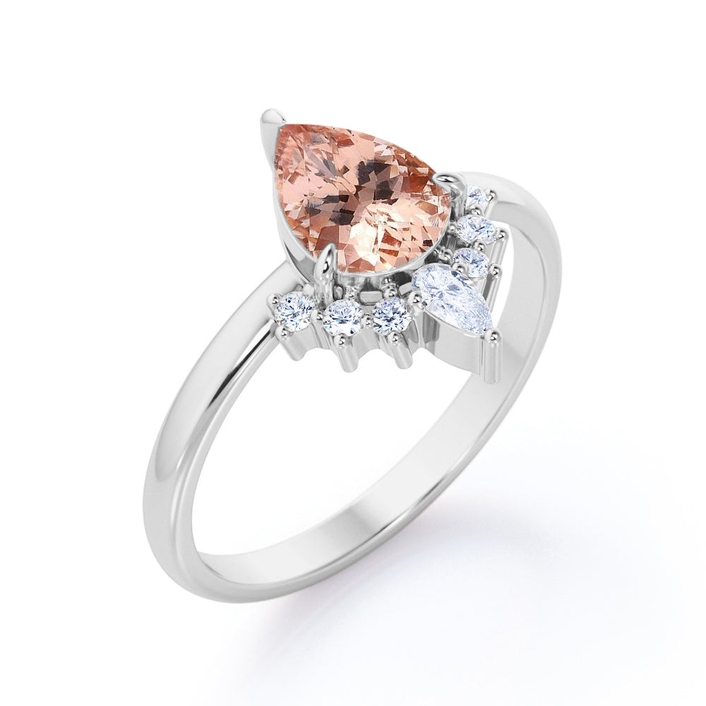 Lovely Tiara 1.15 carat Pear Shaped Peach Pink Morganite and diamond vintage engagement ring in White gold