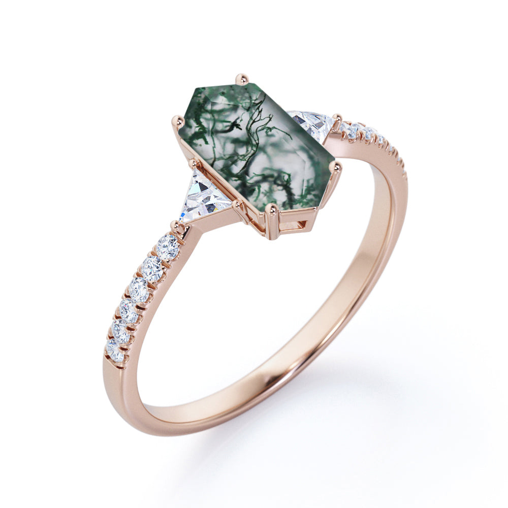 Modern Trillion 1.25 carat Hexagon shaped Moss Green Agate and diamond eternity style engagement ring in Rose gold