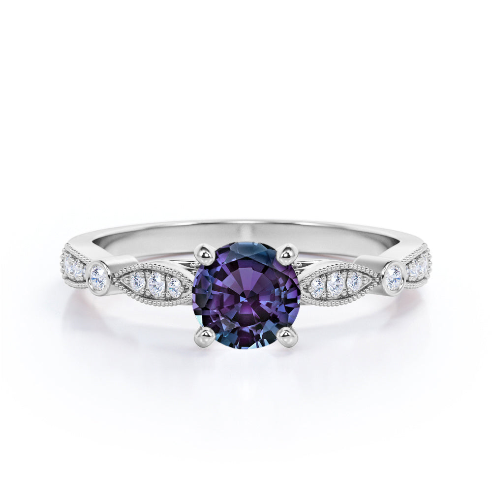 Claw Cathedral setting 1.15 carat Round cut Lab created Alexandrite and diamond art deco engagement ring in White gold