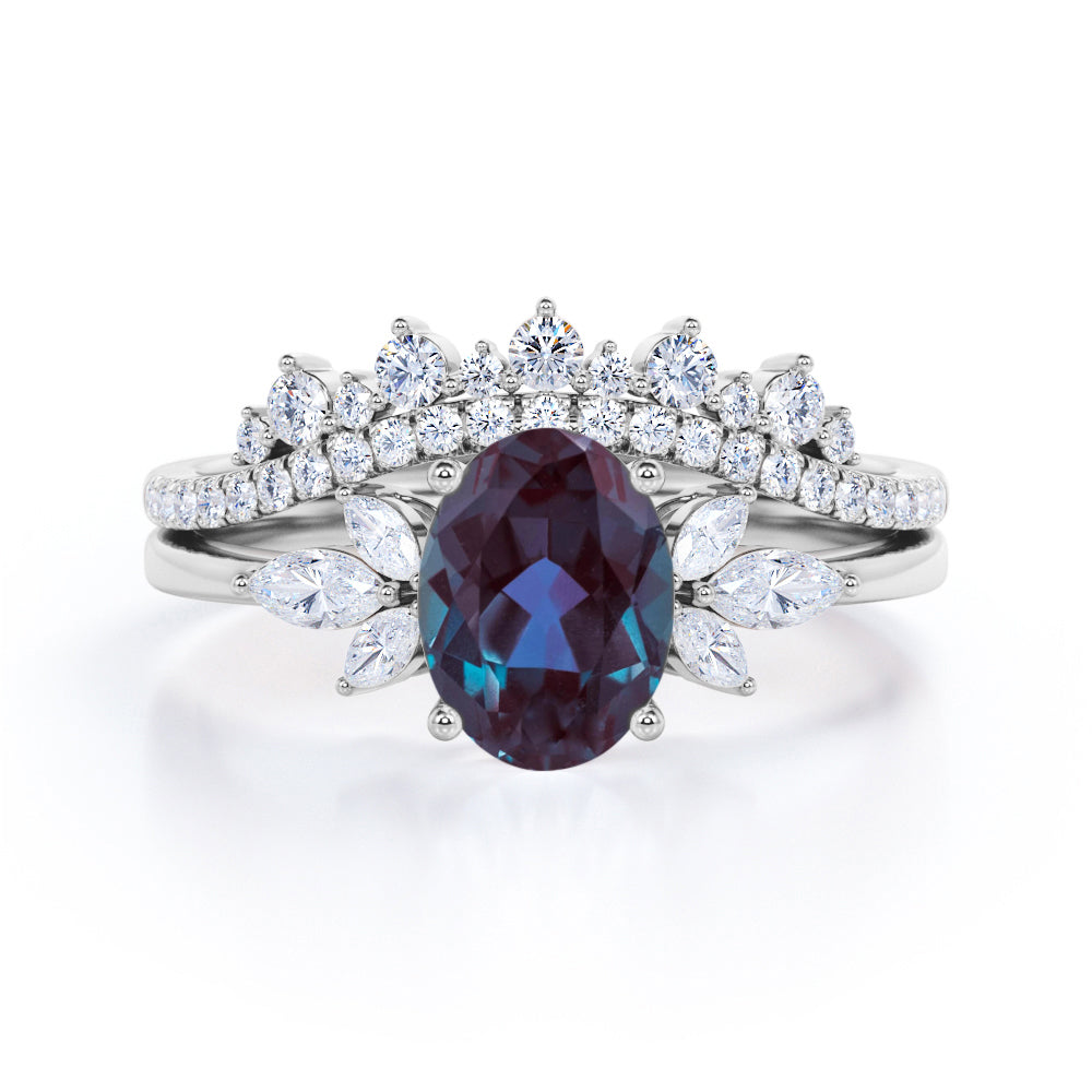 Exquisite Vintage inspired 1.5 carat Oval shaped Lab created Alexandrite and diamond chevron wedding ring set in Rose gold