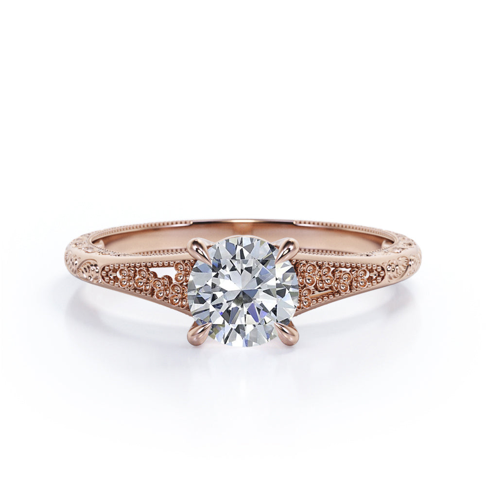 Floral art inspired 1 carat Round cut Moissanite split shank engagement ring in Rose gold