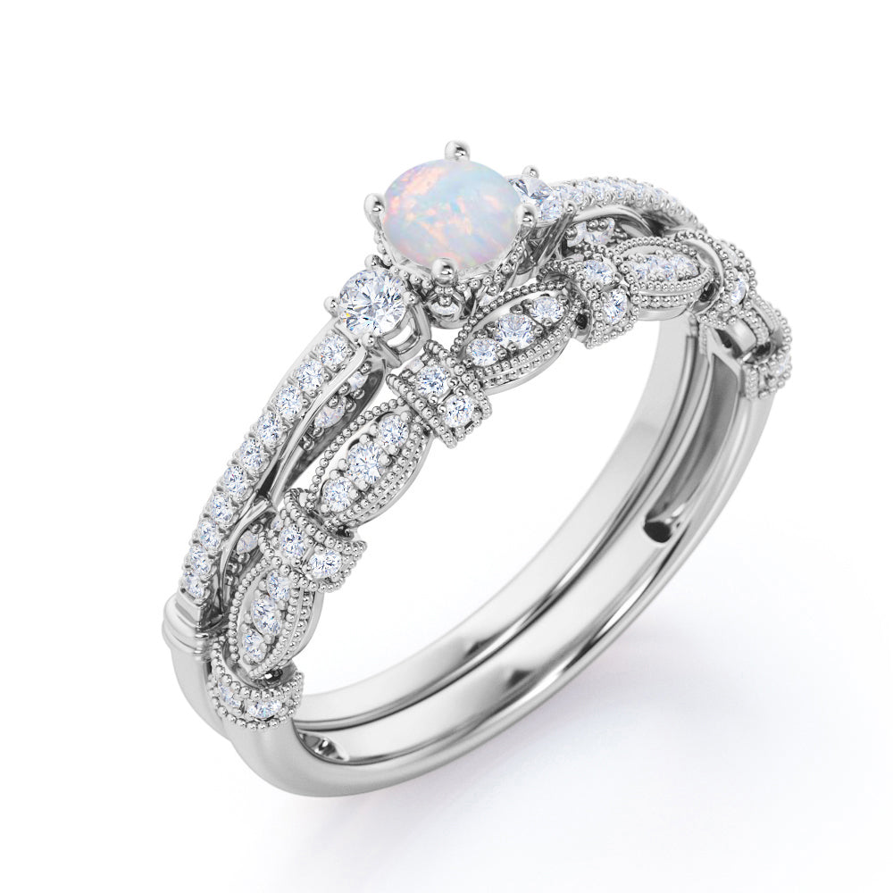 Antique Bead décor 1.7 carat Round cut Ethiopian Opal and diamond art nouveau style wedding ring set in White gold