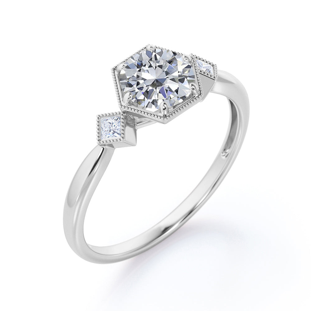 Trilogy Milgrain 1 carat Round cut Moissanite and diamonds tapered shank engagement ring in White gold
