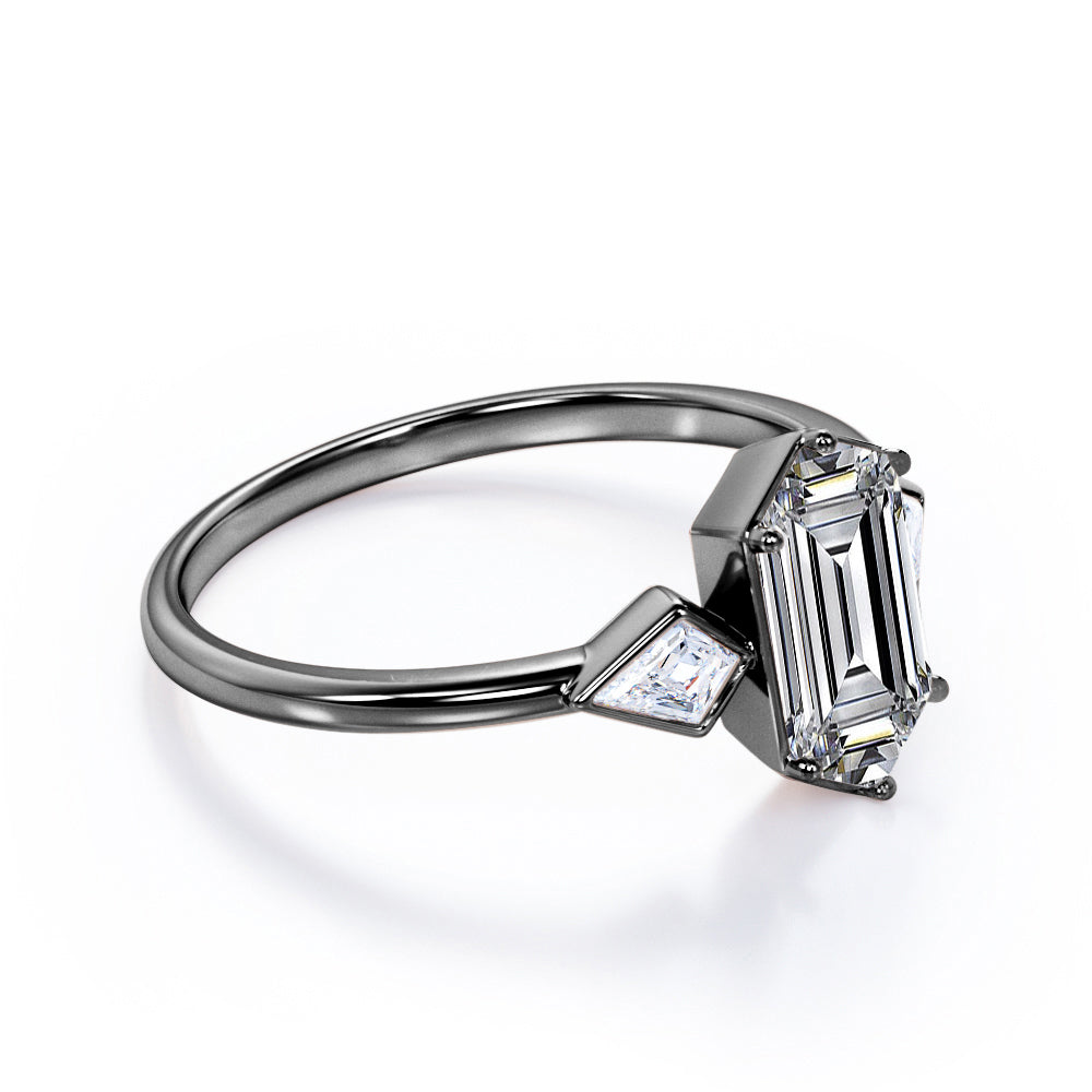 Asymmetric three stone 1.2 carat Hexagon cut Moissanite and Kite diamonds engagement ring in Black gold
