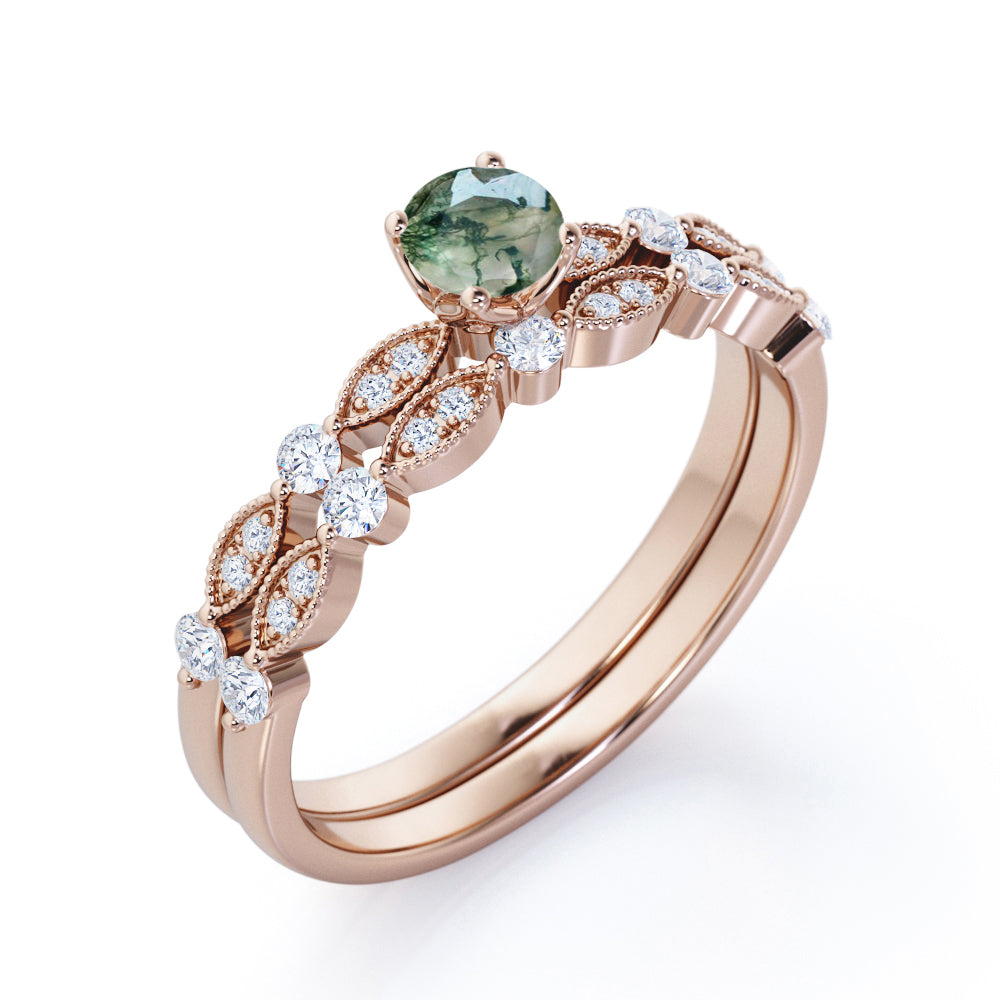 Milgrain Marquise Dot 0.85 carat Round cut Moss Green Agate and diamond wedding ring set for her in Rose gold