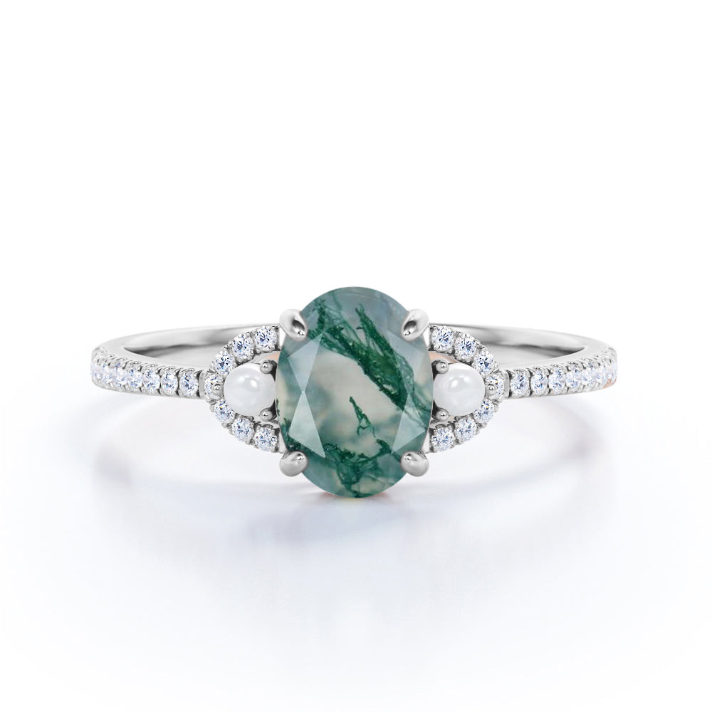 Eternity Pave 1.35 carat Oval shaped Moss Green Agate and diamond with freshwater pearl promise ring in White gold