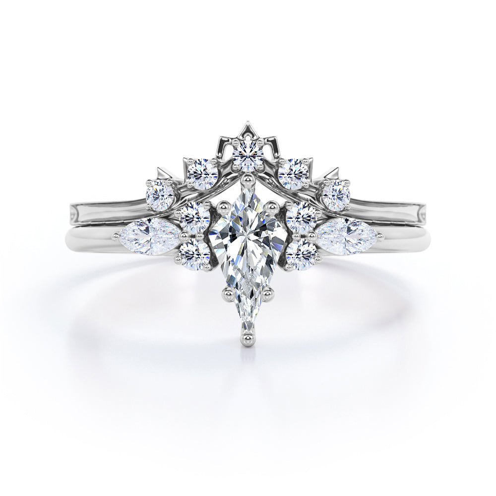 Vintage Royal inspired 1.35 carat Kite shaped Moissanite and diamond art deco wedding ring set in White gold