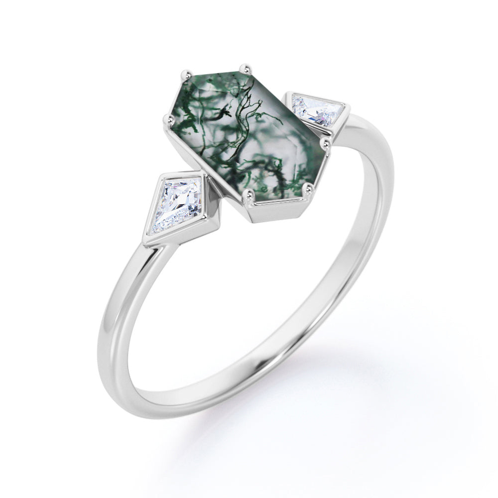 Antique Trinity 1.2 carat Hexagon shaped Moss Green Agate and Kite diamonds engagement ring in White gold
