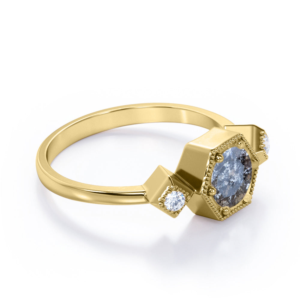 Trio Bezel 0.6 carat Round cut Salt and pepper diamond and White diamond milgrain halo engagement ring in yellow gold