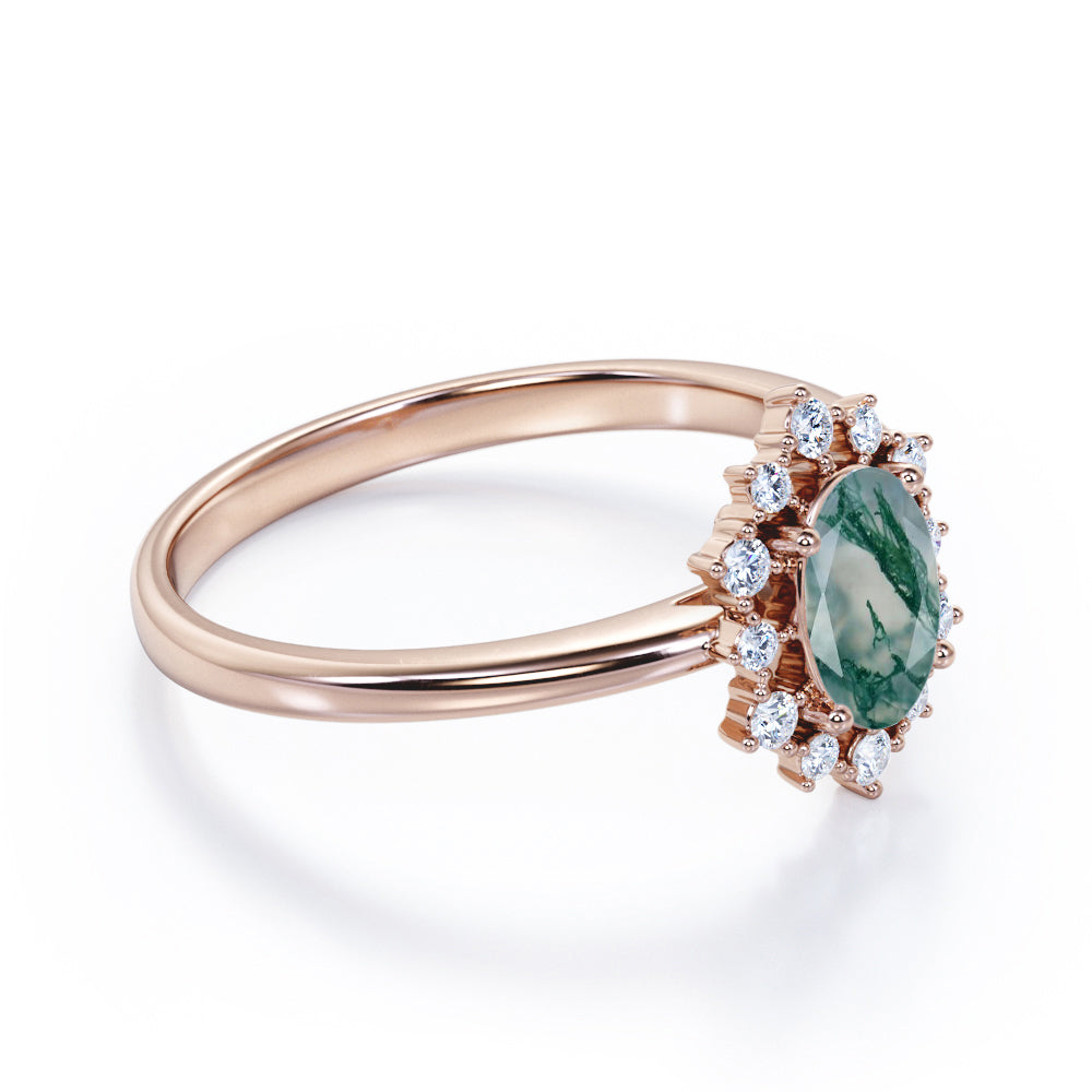 Snowflake Cluster 1.2 carat Oval shaped Moss Green Agate and diamond halo engagement ring in Rose gold