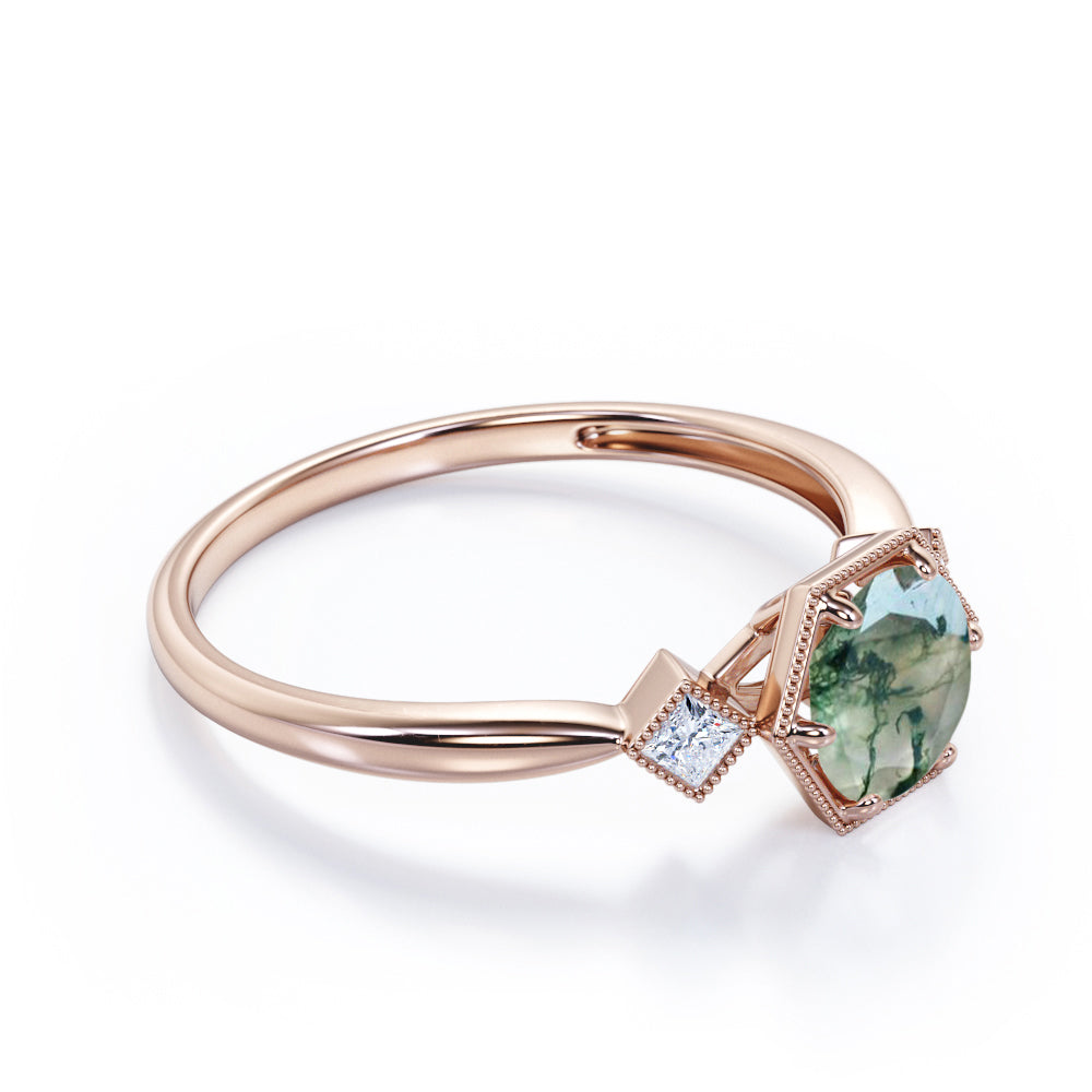 Trillion Bead décor 1.1 carat Round cut Moss Green Agate and diamond tapered engagement ring in Rose gold