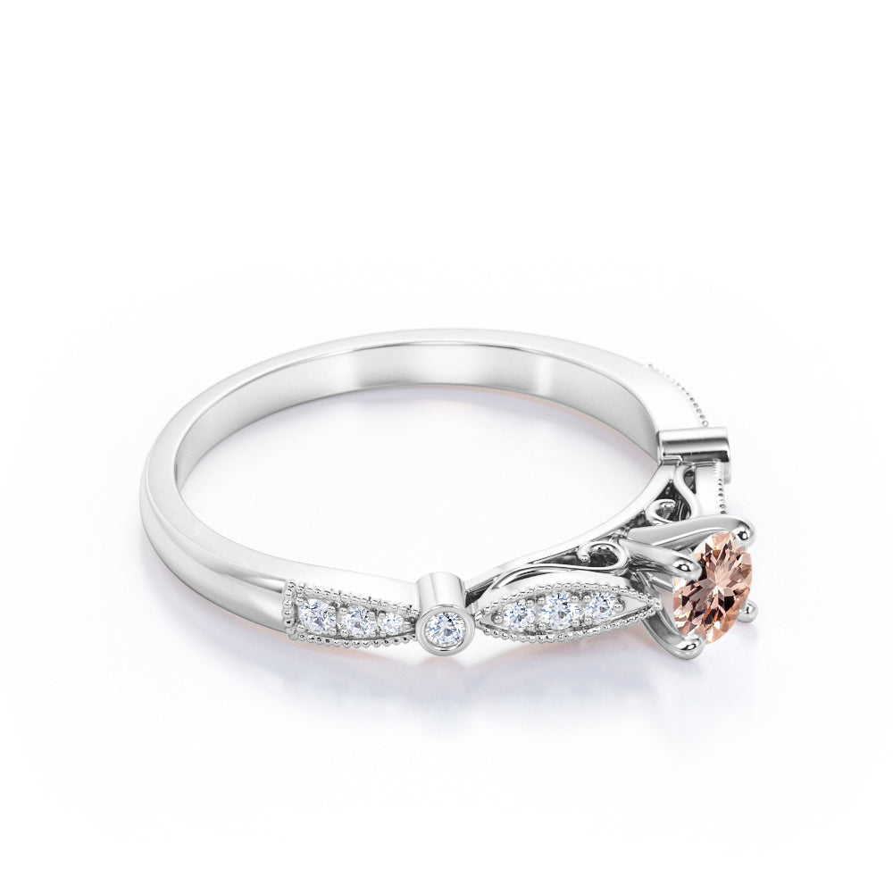 Timeless 0.75 carat Round cut Peach pink Morganite and diamond pinched shank engagement ring in White gold