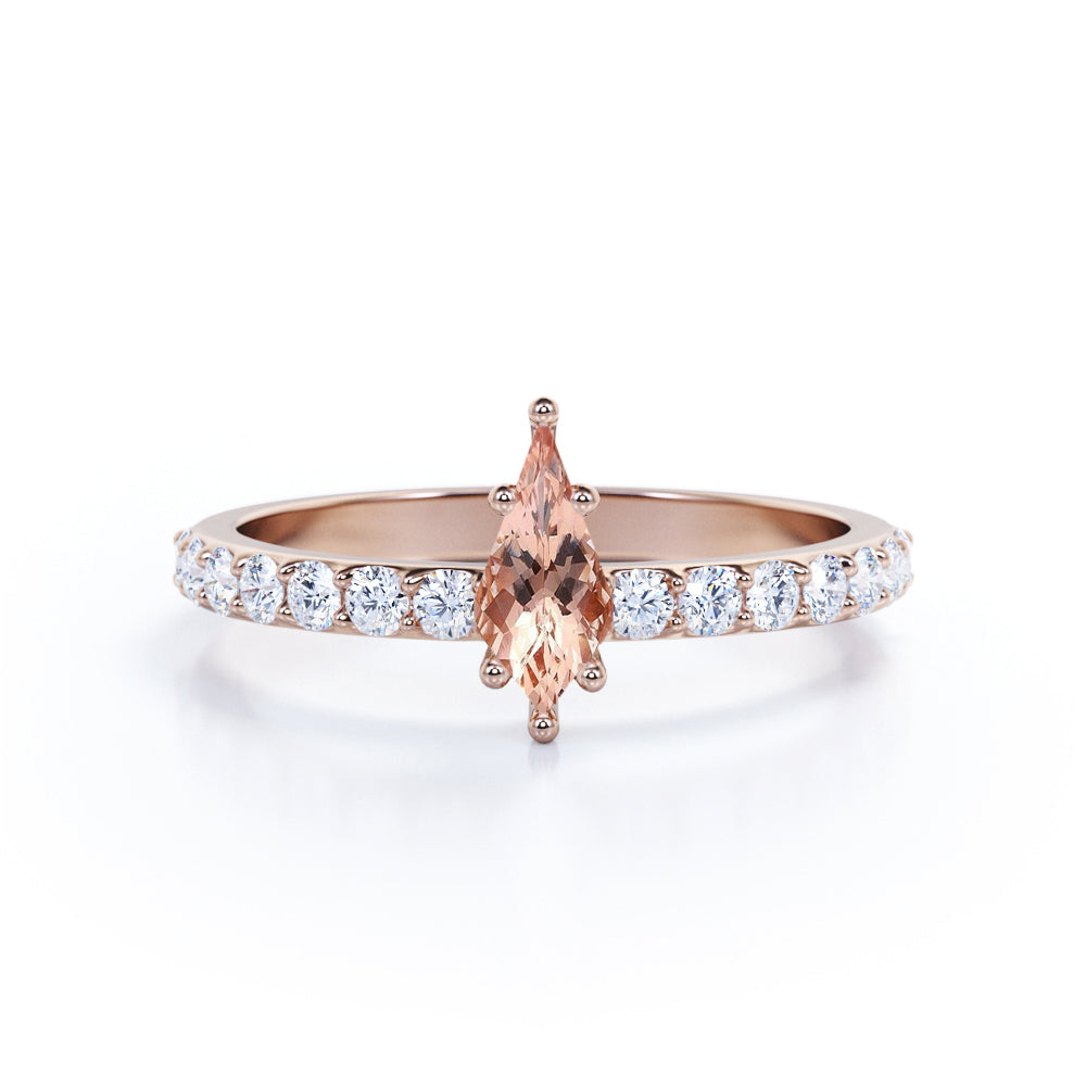 Modern Pave 1.25 carat Kite shaped Pink Morganite and diamond prong style promise ring in Rose gold
