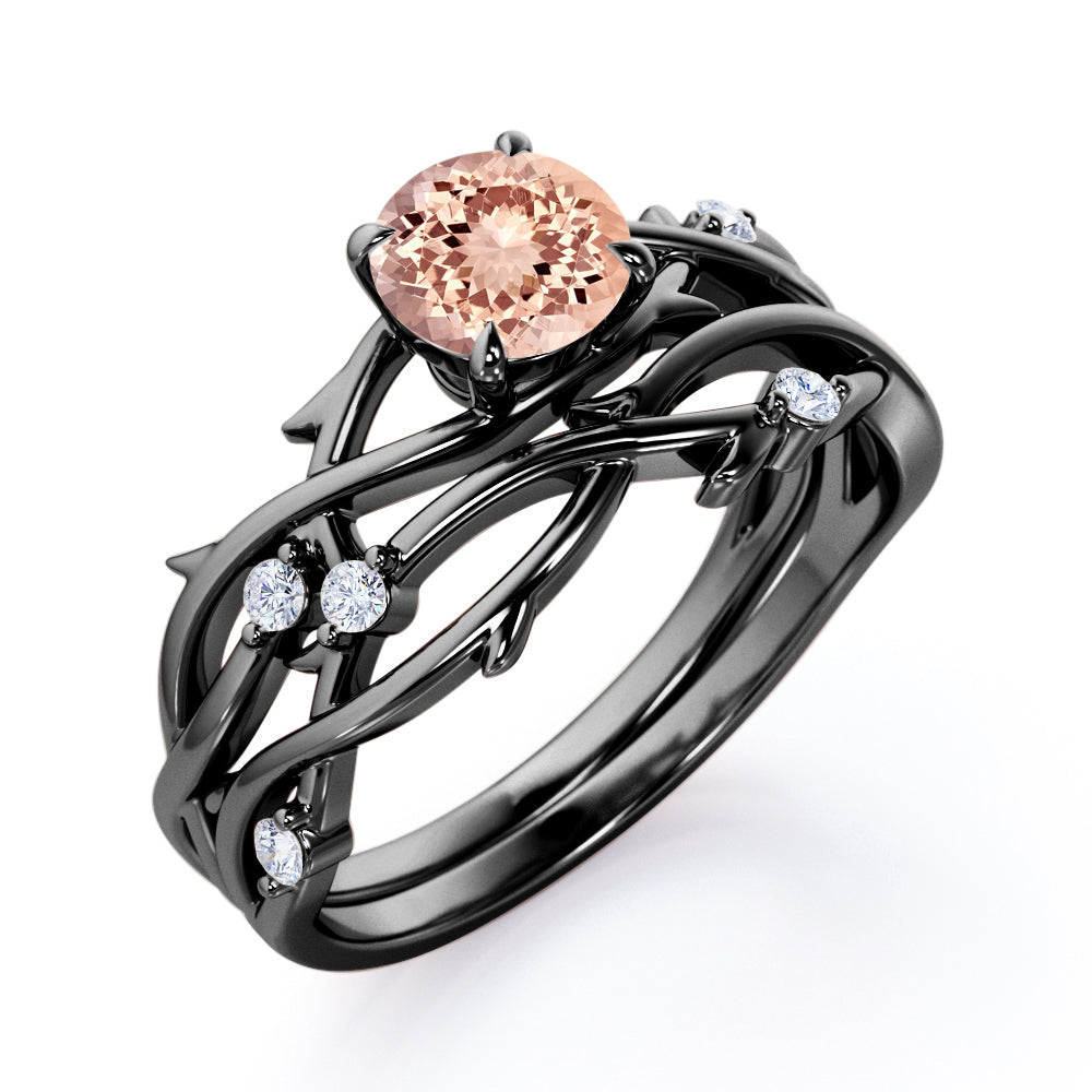 Twig and Vine inspired 1.1 carat Round cut Morganite and diamond earthy wedding ring set in Black gold