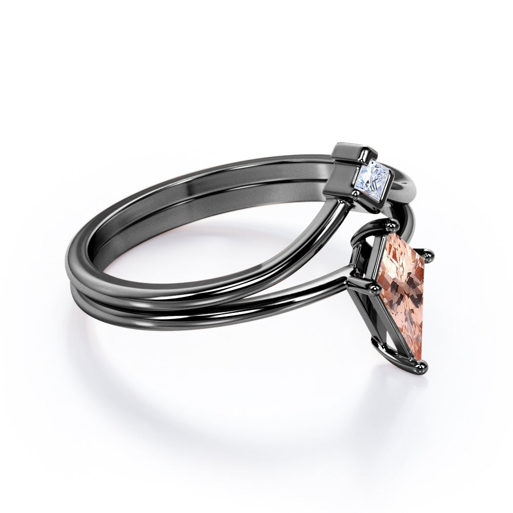 Double Layered 1 carat Kite shaped Morganite and diamond pointed chevron wedding ring set in Black gold