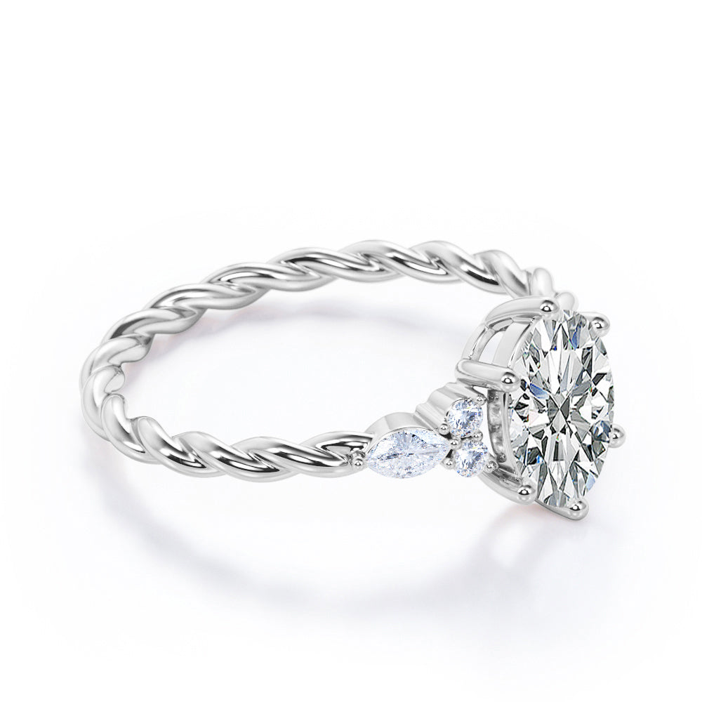 Twisted Rope style 1 carat Oval shaped Moissanite and diamonds 6 prong engagement ring White gold
