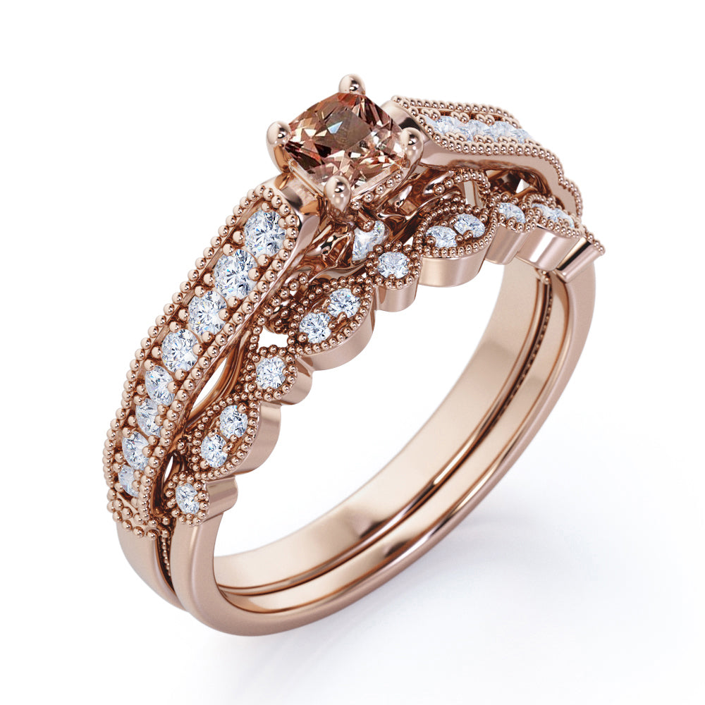 Milgrain Bead Scrollwork 0.75 carat Round cut Peach Morganite and diamond cathedral style wedding ring set in Rose gold