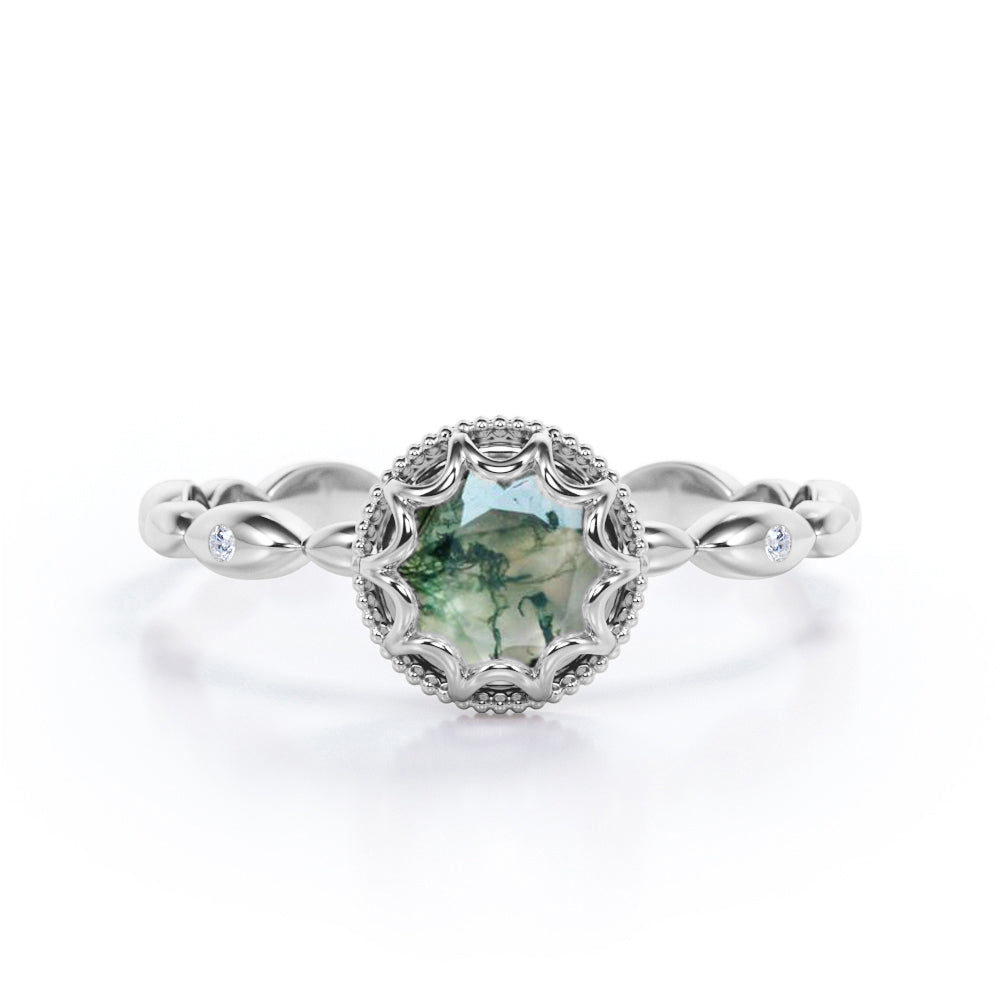 Exquisite infinity rope design 1 carat Round cut Moss Green Agate Scalloped halo engagement ring in White gold