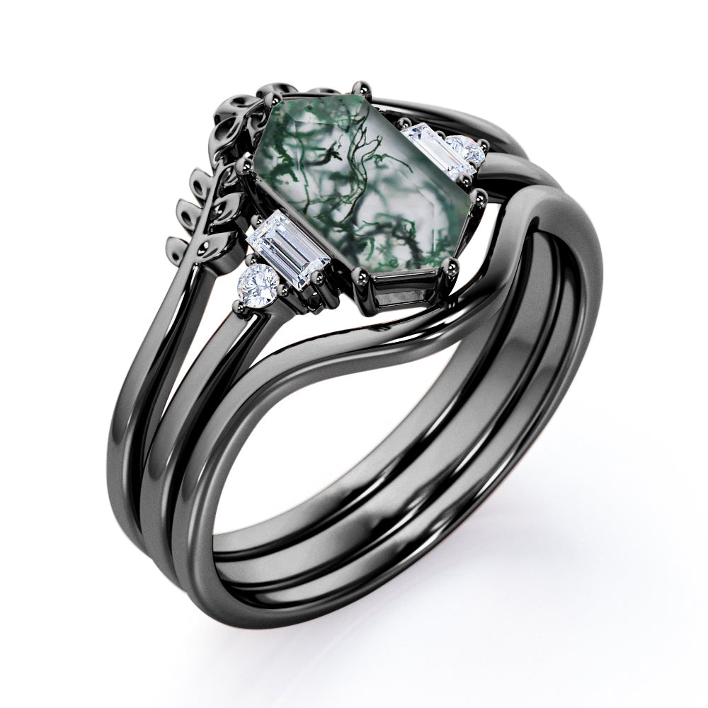 Vintage Double Chevron 1.1 carat Hexagon shaped Moss Green Agate and diamond forest inspired engagement ring in Black gold