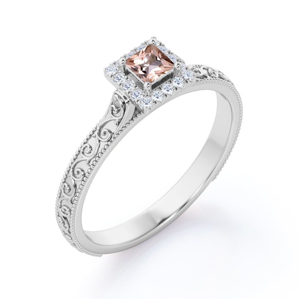 Pave Halo 0.75 carat Princess cut Peach Morganite and diamond ornamental filigree engagement ring in White gold