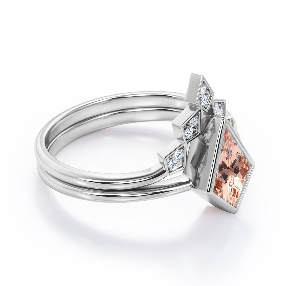 Antique Bezel Tiara 1.15 carat Kite Shaped Morganite and diamond wedding ring set for women in White gold