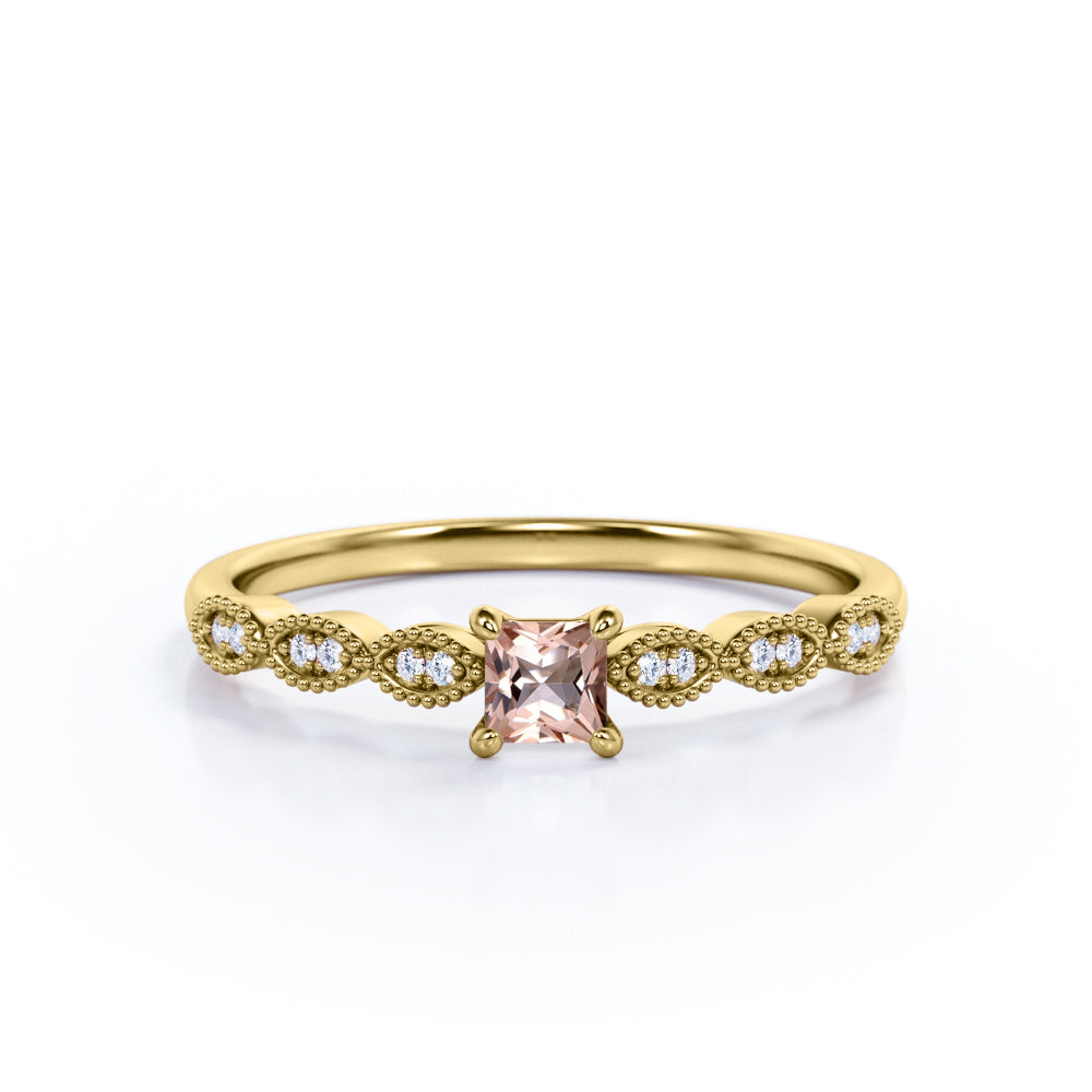 Antique beaded 0.75 carat Princess cut Morganite and diamond claw prong engagement ring in Yellow gold