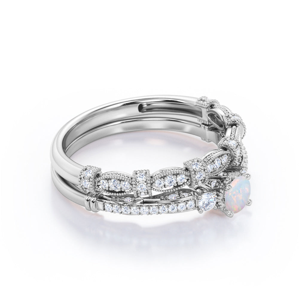 Antique Bead décor 1.7 carat Round cut Ethiopian Opal and diamond art nouveau style wedding ring set in White gold