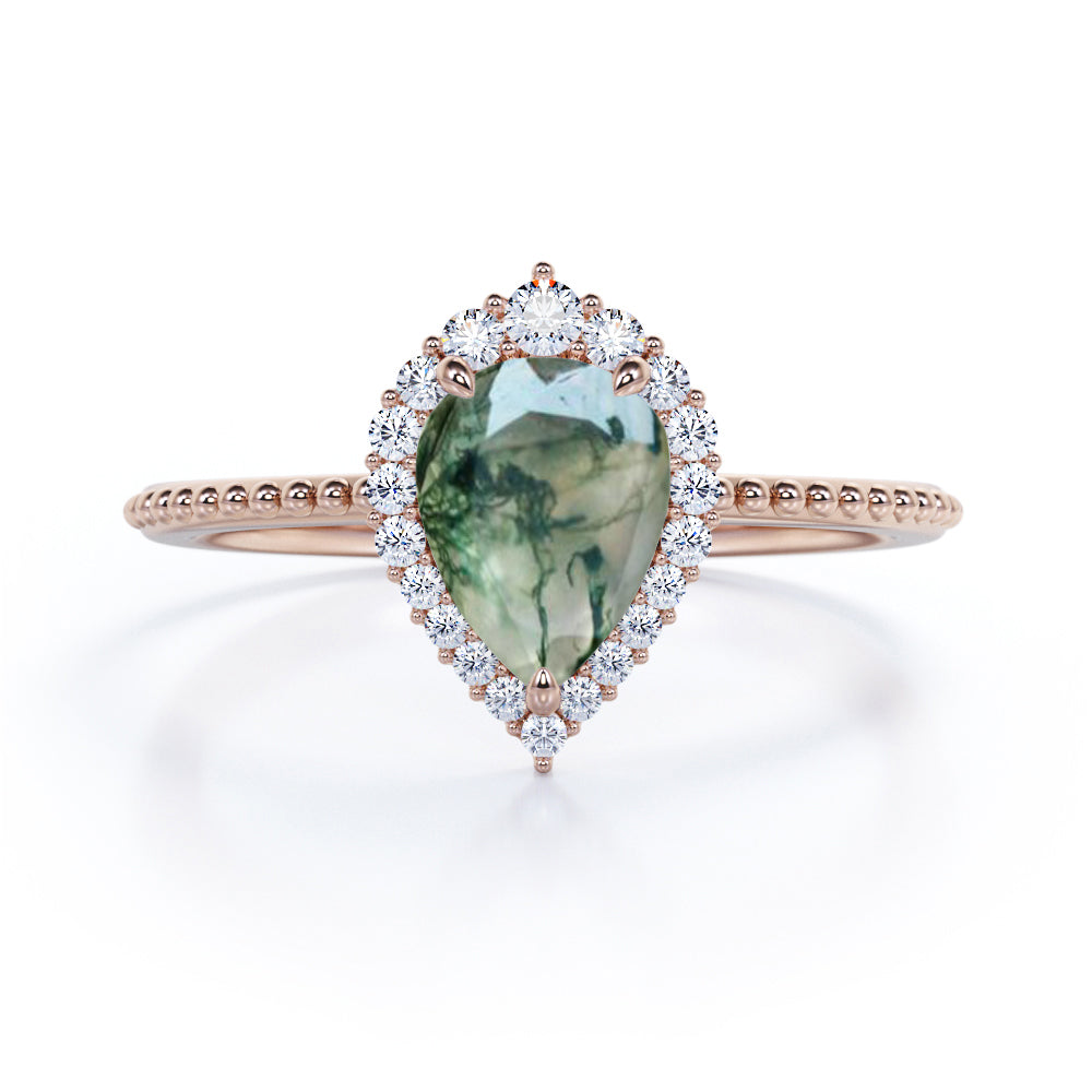Royal inspired 1.2 carat Pear shaped Moss Green Agate and diamond Milgrain and halo engagement ring in Rose gold