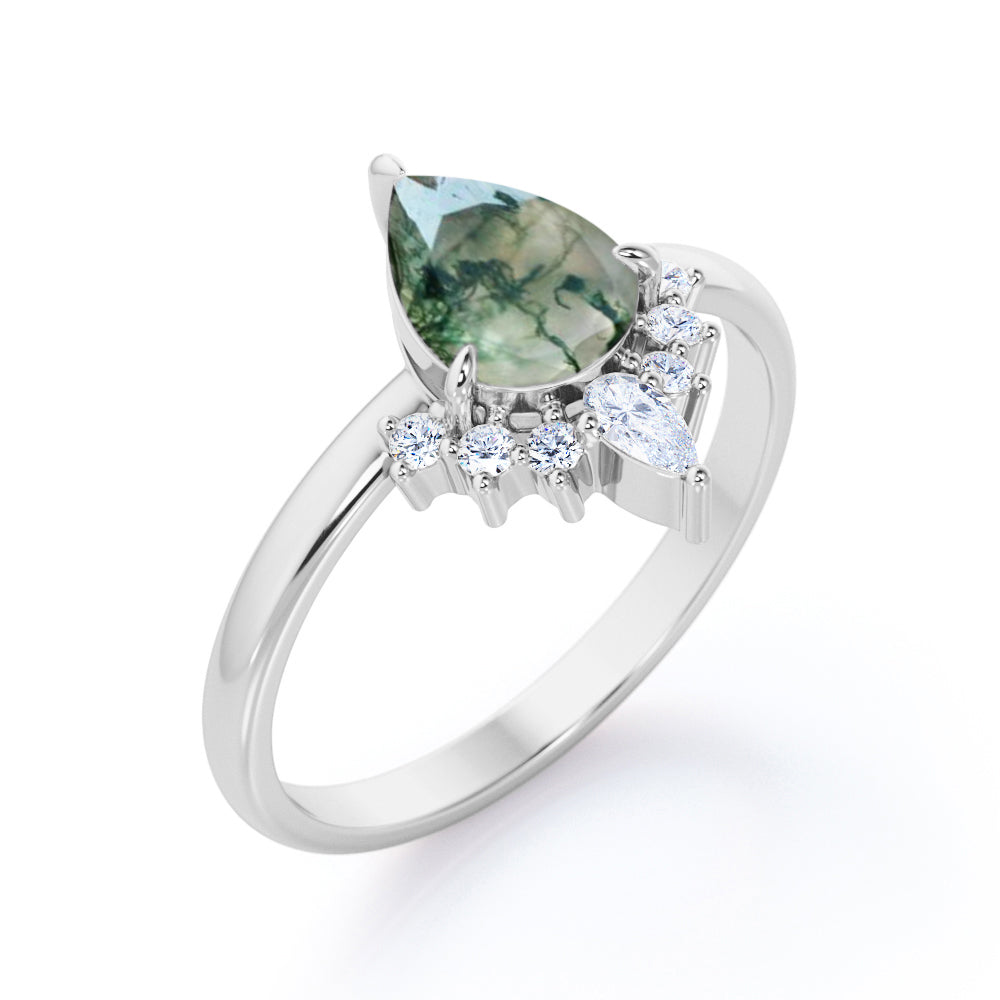 Royal Tiara style 1.15 carat Pear cut Moss Green Agate and diamond engagement ring in White gold