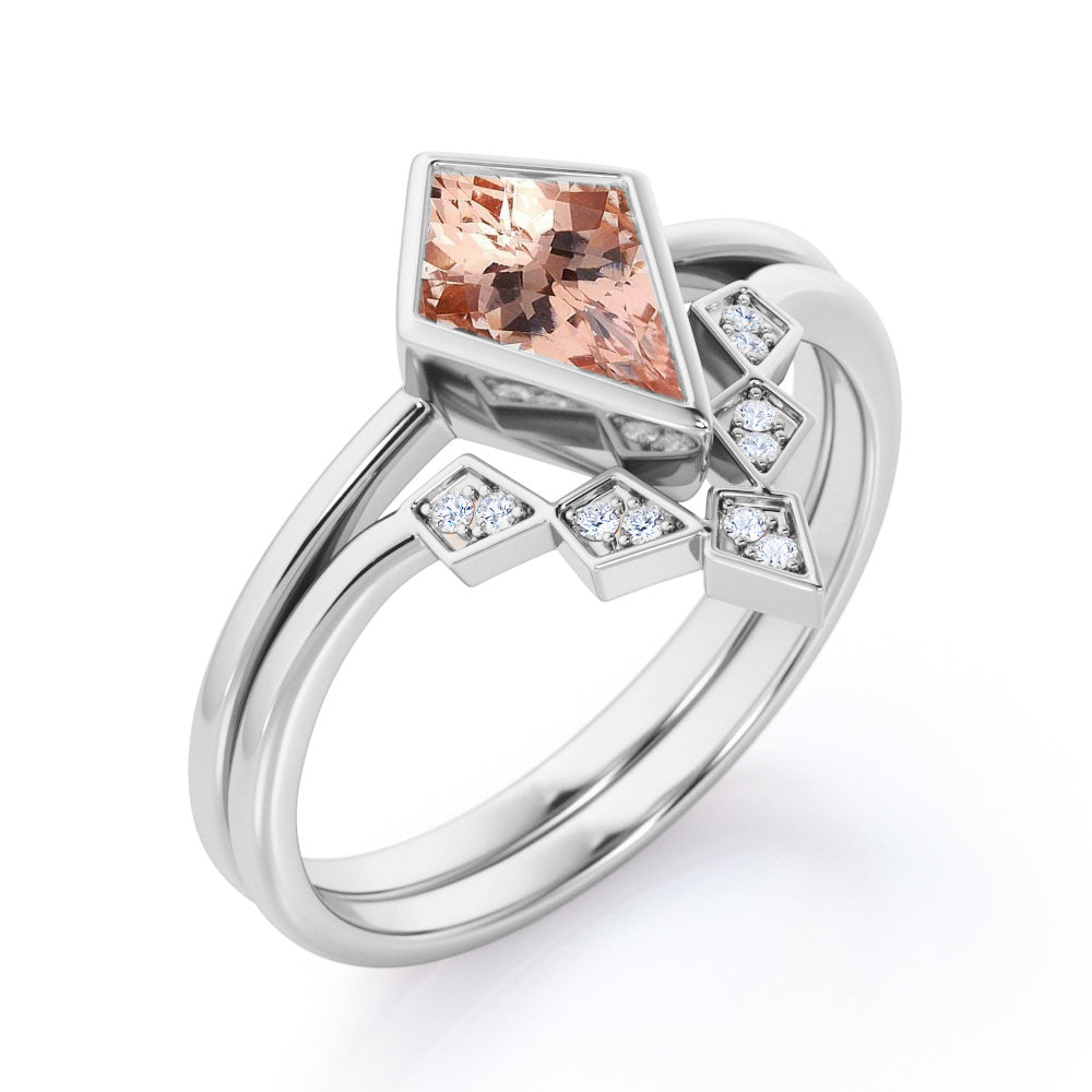 Antique Bezel Tiara 1.15 carat Kite Shaped Morganite and diamond wedding ring set for women in White gold