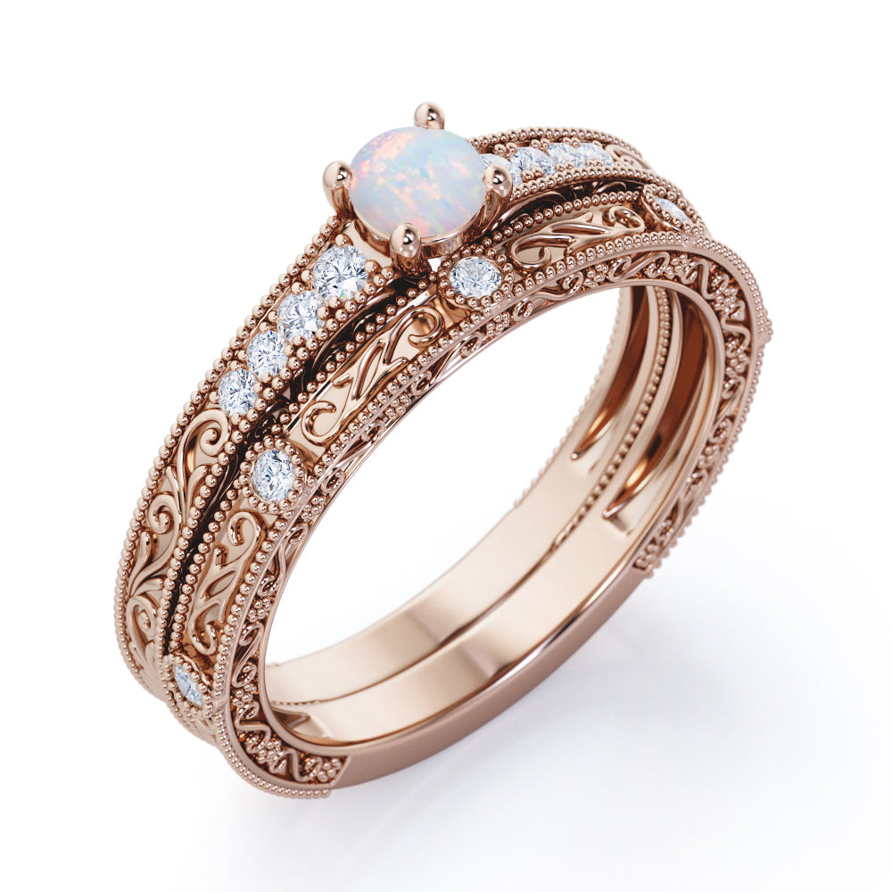 Authentic art deco 0.45 carat Round cut Ethiopian Opal and diamond Edwardian filigree Bridal set in Rose gold