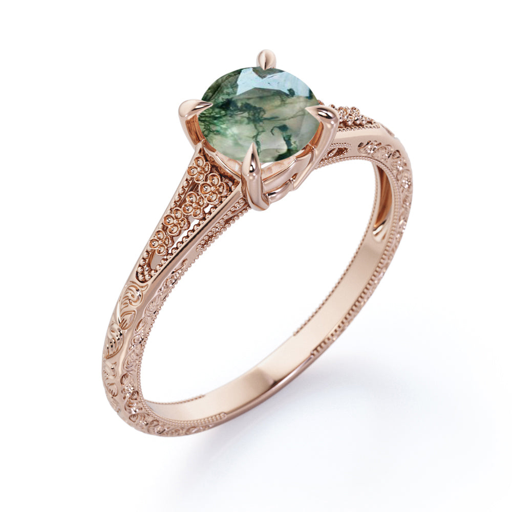 Milgrain Split Shank 1 carat Round cut Moss Green Agate-floral filigree-nature inspired engagement ring in Rose gold