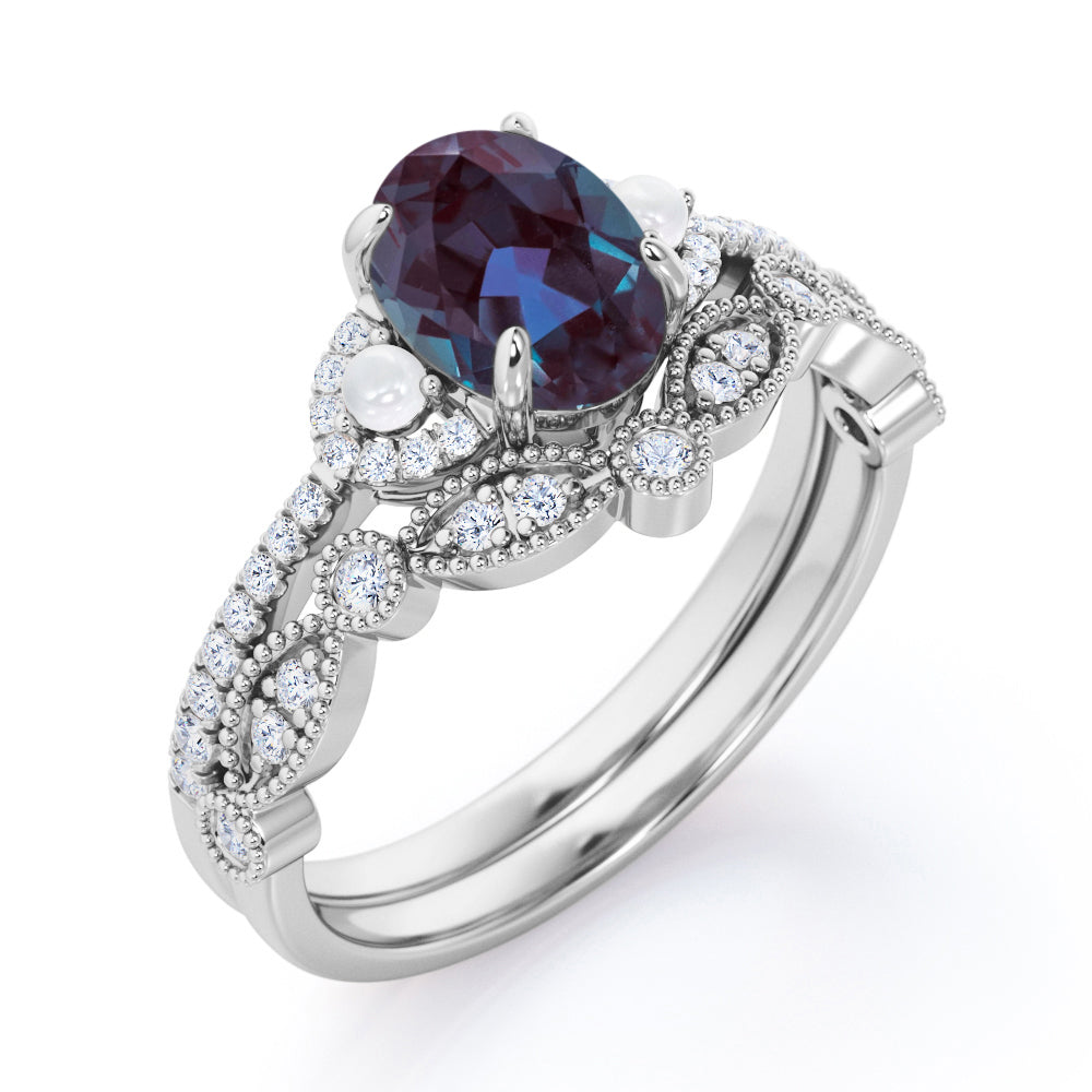 Vintage Milgrain 1.75 carat Oval cut Lab created Alexandrite, diamond and freshwater pearl wedding ring set in Rose gold