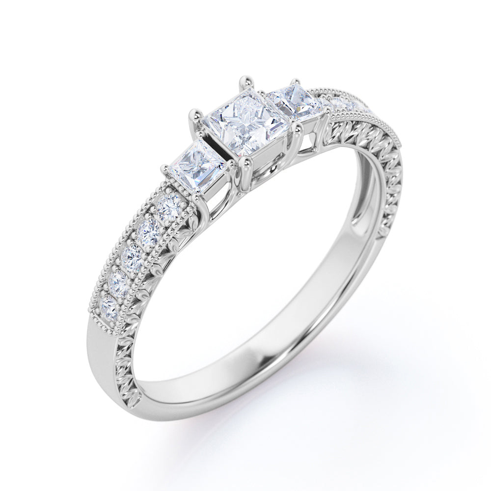 Vintage inspired trilogy 0.75 carat Princess cut Moissanite and diamond art nouveau engagement ring in White gold