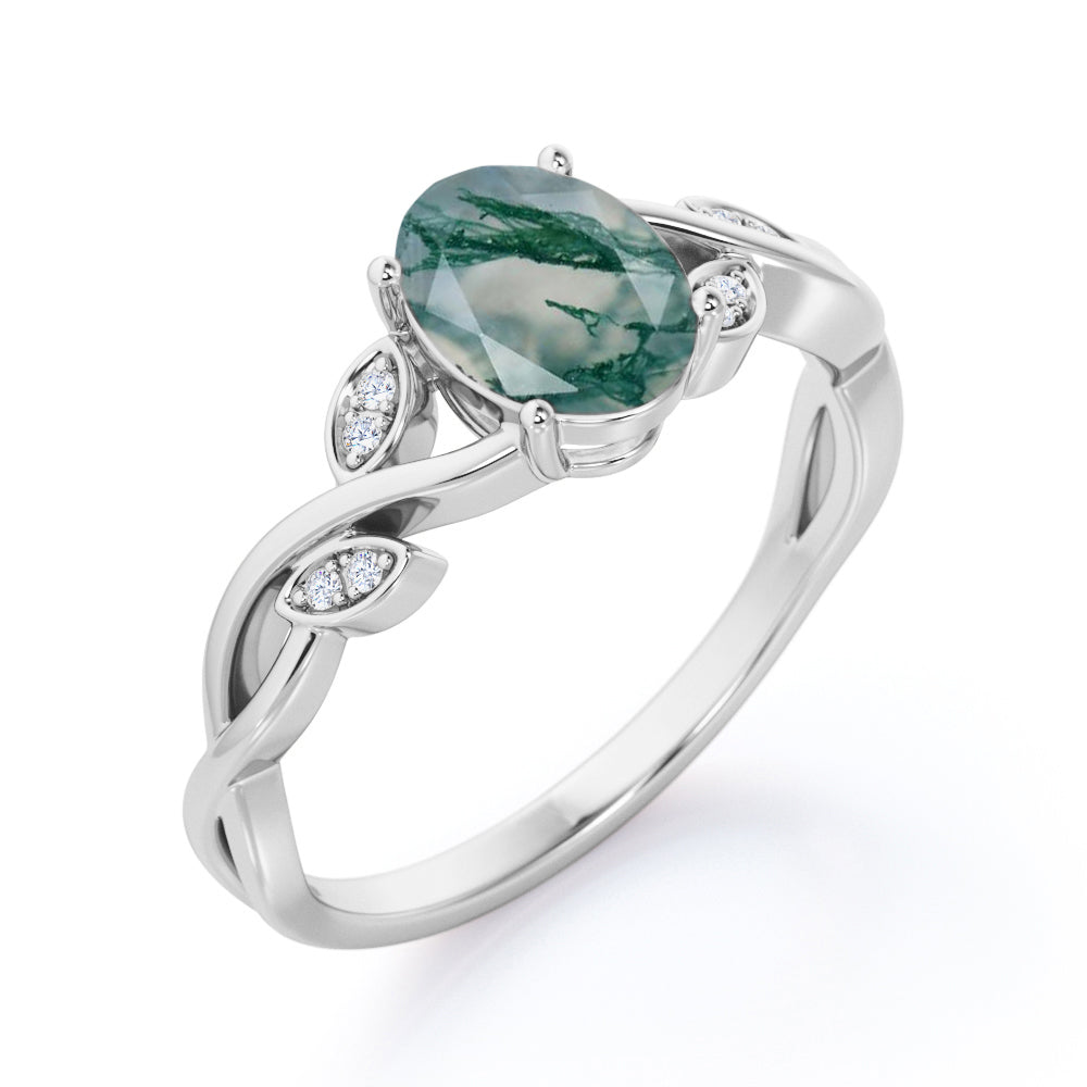 Floral Infinity 1.15 carat Oval cut Moss Green Agate and diamond vine and leaf engagement ring in White gold