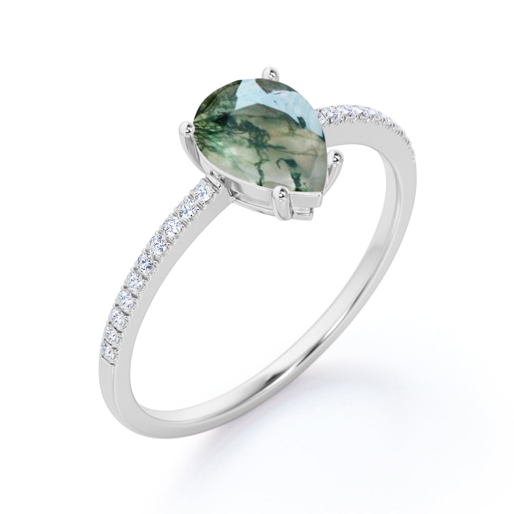 Simple Basket set 1.25 carat Pear shaped Moss Green Agate and diamond engagement ring in White gold