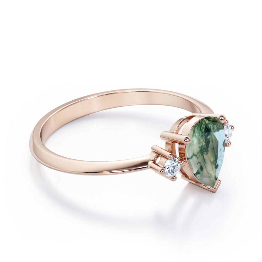Vintage trinity 1.1 carat Pear cut Moss Green Agate and diamond pinched shank engagement ring in Rose gold