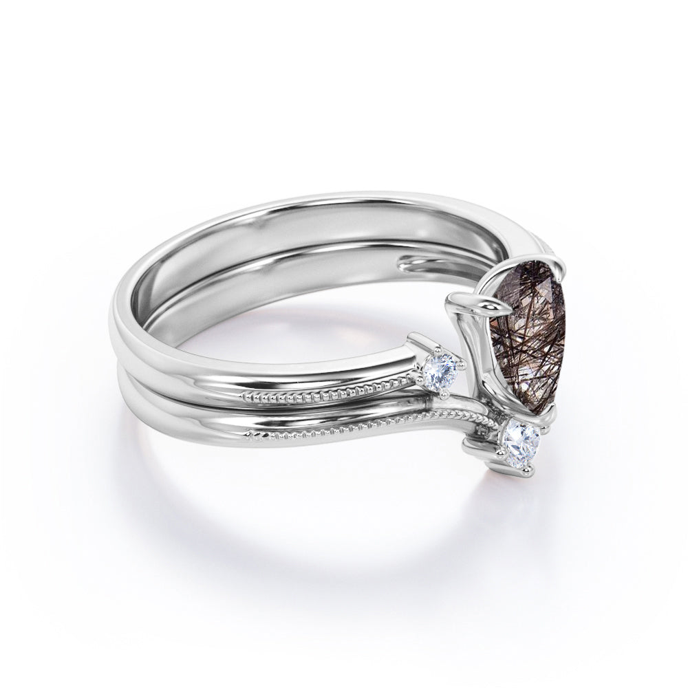 Intricate 1.1 carat tear drop Genuine Black Rutilated quartz and 3 stone diamond Milgrain wedding ring set in White gold