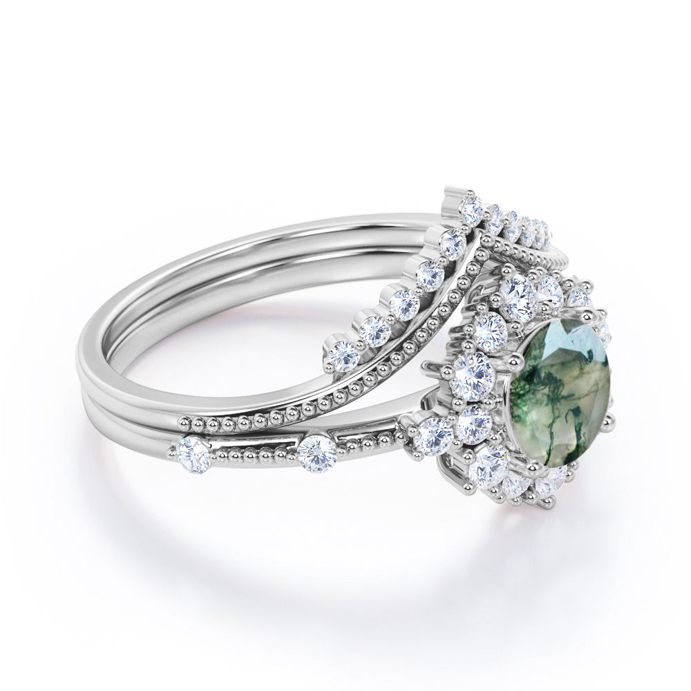 Contoured Cluster 1.45 carat Round cut Moss Green Agate and diamond milgrain art deco wedding ring set in White gold