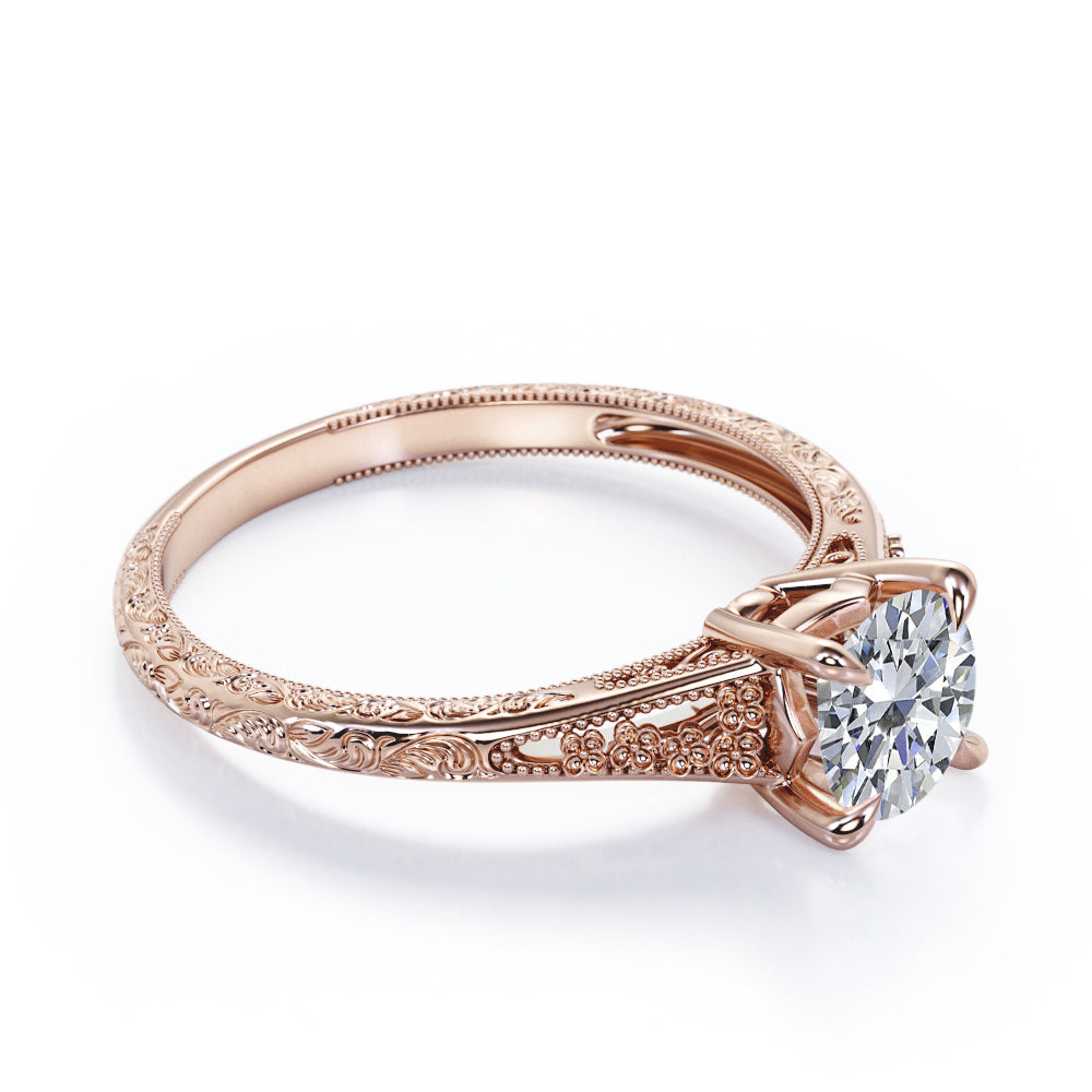 Floral art inspired 1 carat Round cut Moissanite split shank engagement ring in Rose gold