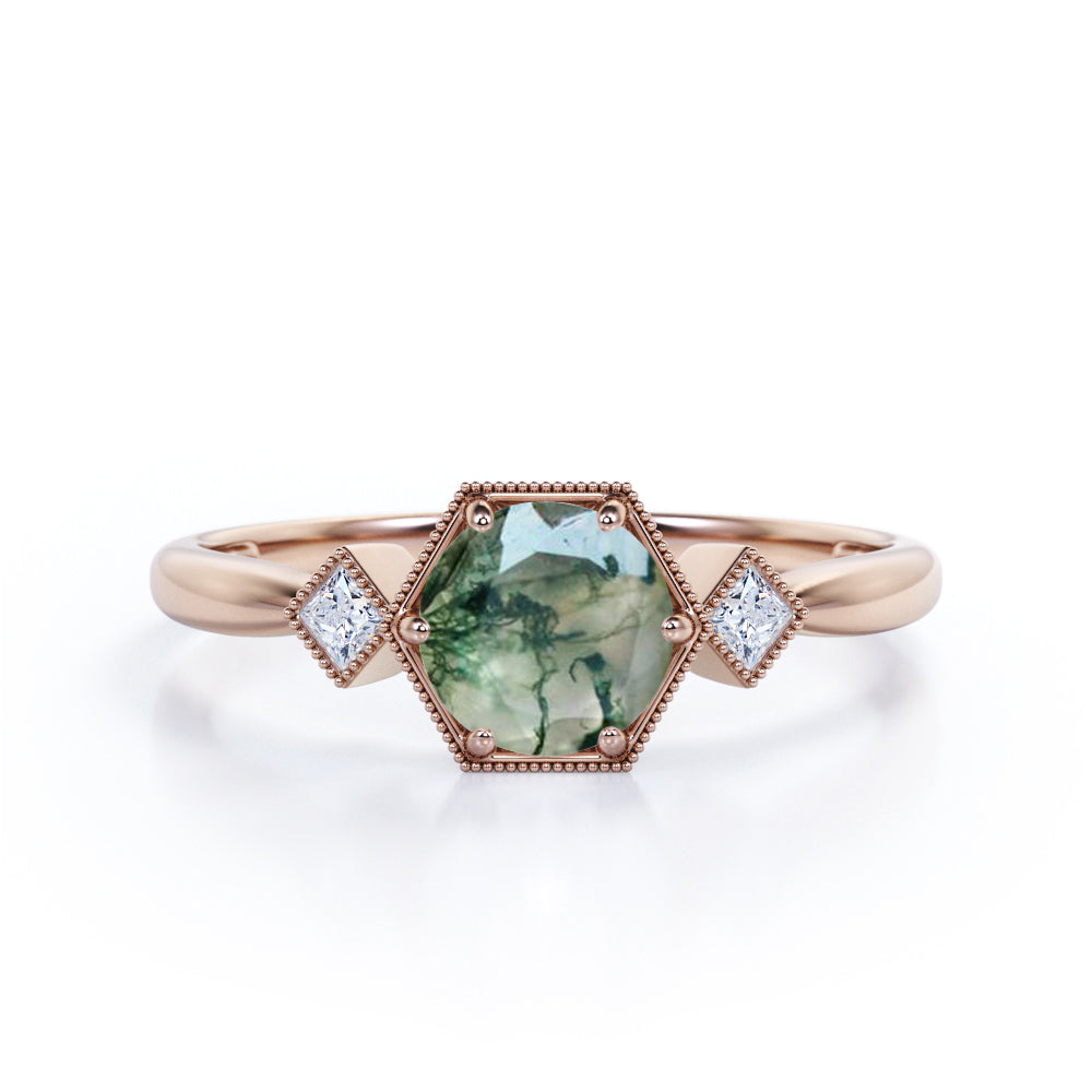 Trillion Bead décor 1.1 carat Round cut Moss Green Agate and diamond tapered engagement ring in Rose gold