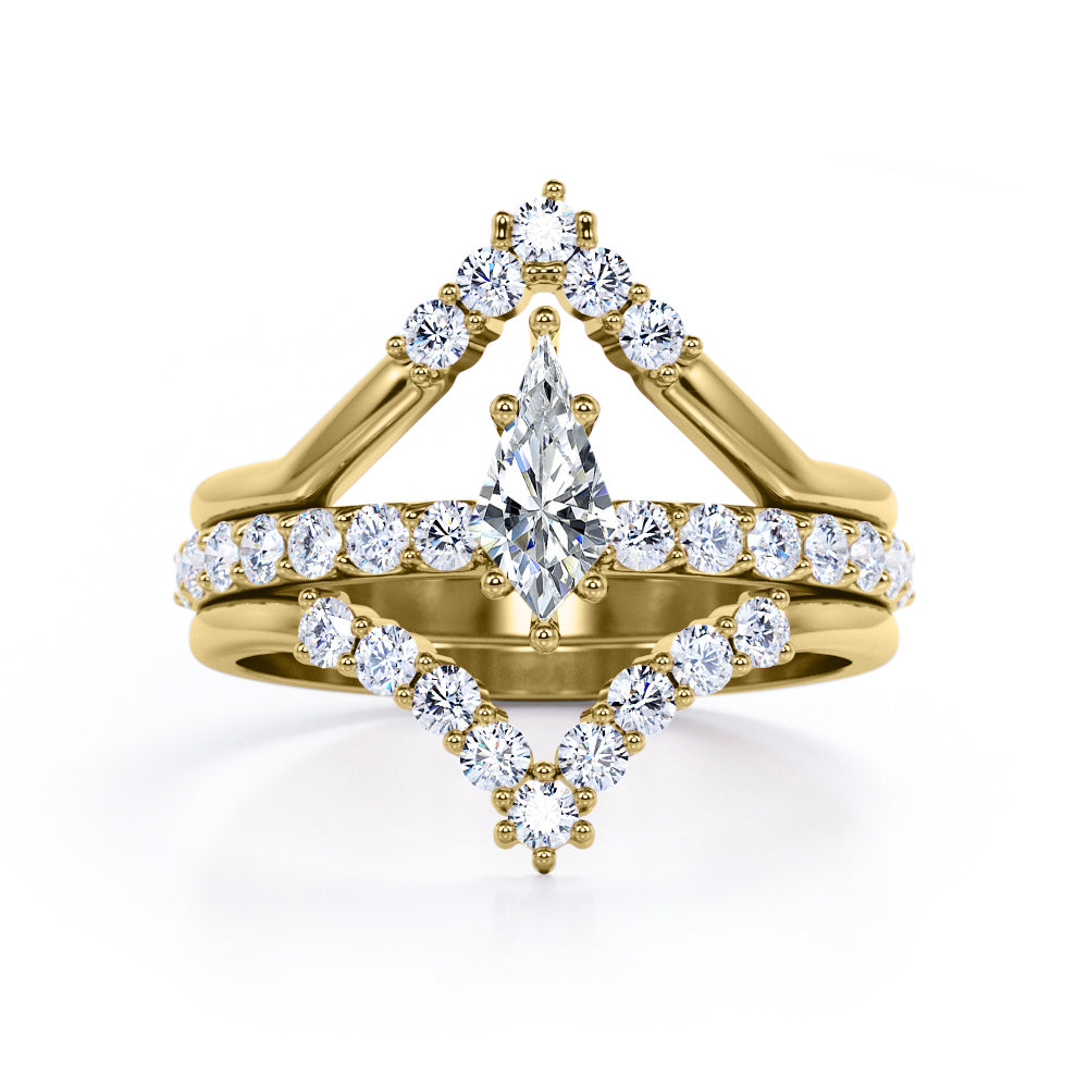 Art deco chevron 0.85 carat Kite shaped Moissanite and diamond pave set trio wedding ring set in Yellow gold