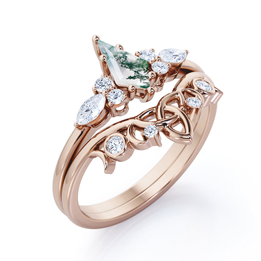 Contoured triad and chevron 1.25 carat Kite shape Moss Green Agate and diamond-7 stones-art deco inspired wedding ring set in Rose gold