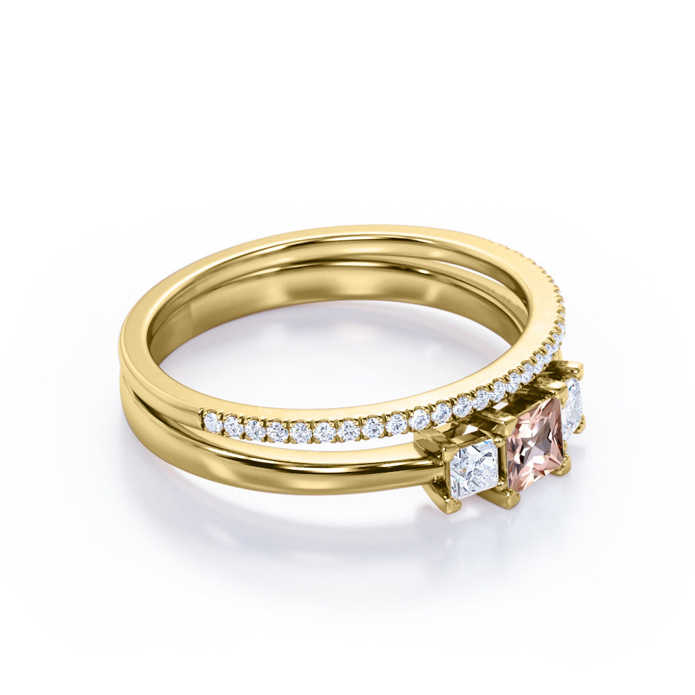 Triple stone 0.85 carat Princess cut Pink Morganite and diamond eternity wedding ring set for women in Yellow gold