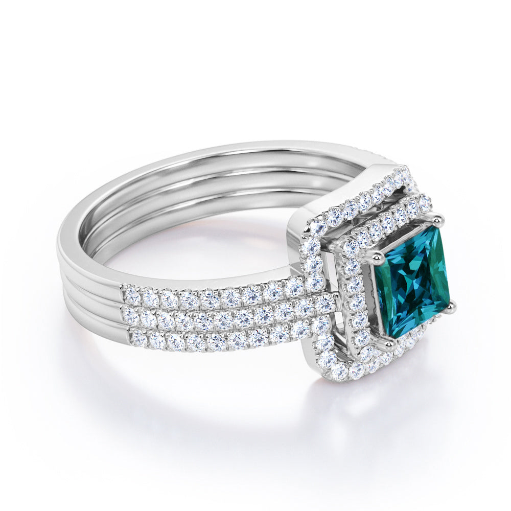 Elegant Eternity 1.75 carat Princess cut Lab created Alexandrite and diamond trio wedding ring set for women in White gold