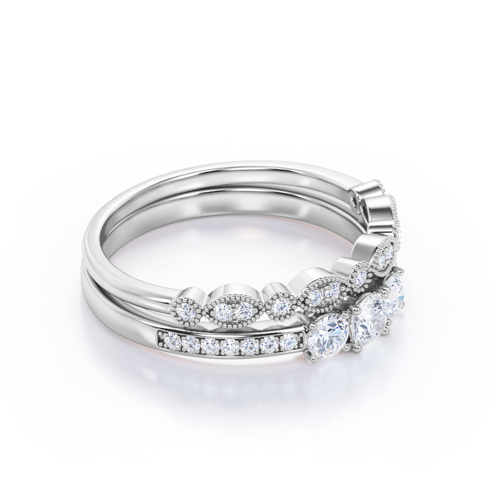 Art deco 3 stone 1.25 carat Round cut Moissanite and diamond vintage milgrain wedding ring set for women in White gold