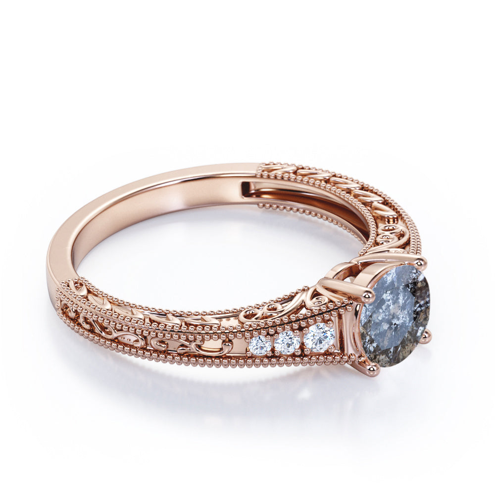 Vintage Scrollwork 0.65 carat Round cut Salt and pepper diamond and White diamond Milgrain engagement ring in Rose gold