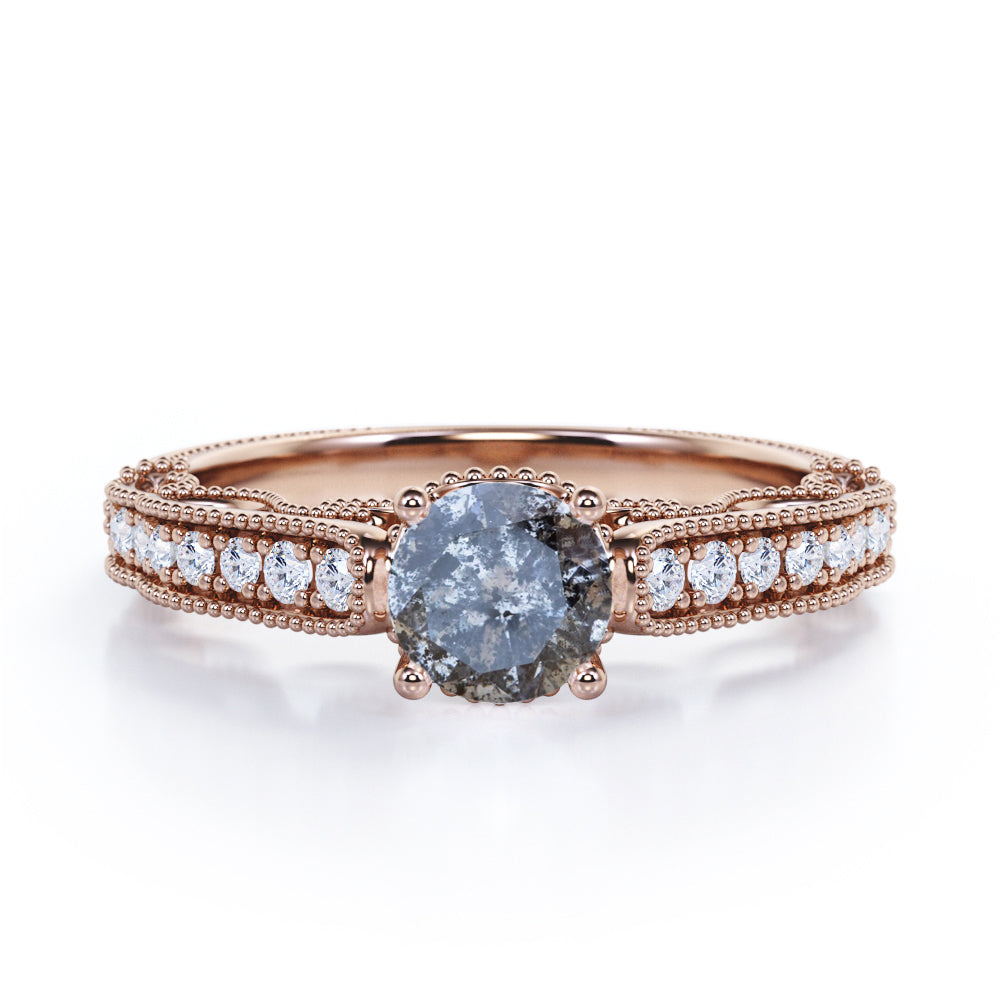Eccentric filigree 0.75 carat Round cut Salt and pepper diamond and White diamond channel setting engagement ring for women in Rose gold