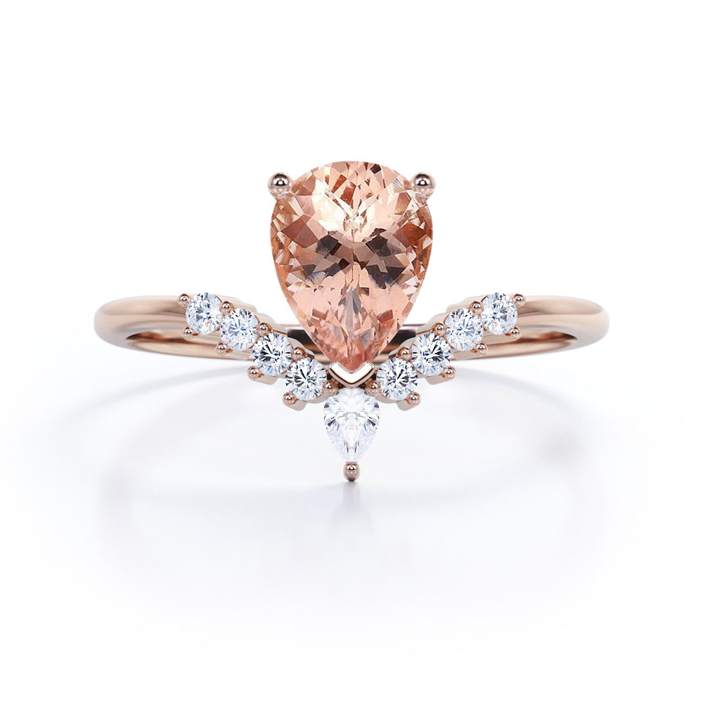 Antique Crown inspired 1.25 carat Pear Shaped Morganite and diamond engagement ring in Rose gold